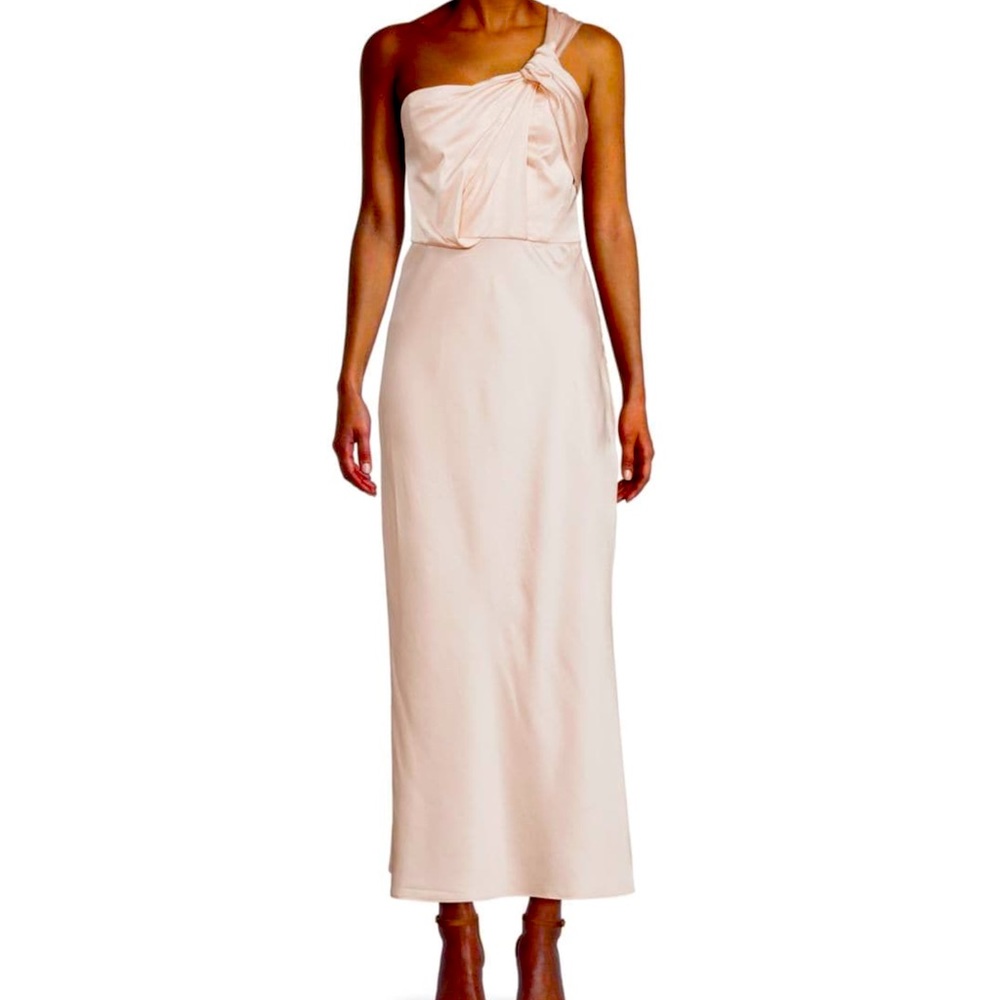 SIGNIFICANT OTHER Macy Draped One Shoulder Satin Dress in Blush Pink SIZE 6